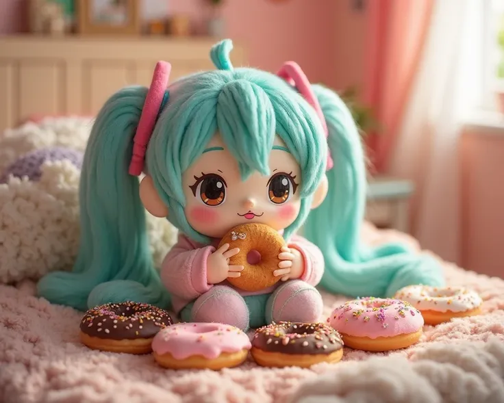 A stuffed toy of Hatsune Miku eating donuts