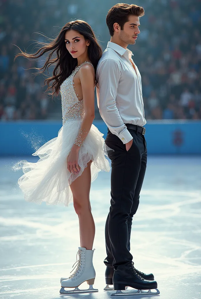 illustration of a striking figure skating duo standing back-to-back on a smooth ice rink. The woman, who resembles Elena Gilbert, is 1.65m tall with long black hair and captivating light blue eyes. She wears an elegant white skating dress adorned with spar...