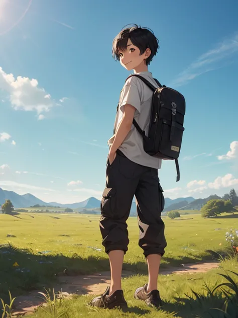 (((One Asian boy)), black hair with one stray hair, short mash hair, RPG-style adventurer outfit, small backpack on back, pouch on waist, natural standing posture, open-mouthed smile, full body shot, endless, majestic grassland, gently undulating terrain, ...