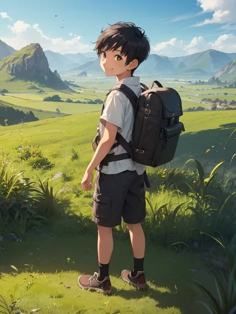 (((One Asian boy)), black hair with one stray hair, short mash hair, RPG-style adventurer outfit, small backpack on back, pouch on waist, natural standing posture, open-mouthed smile, full body shot, endless, majestic grassland, gently undulating terrain, ...