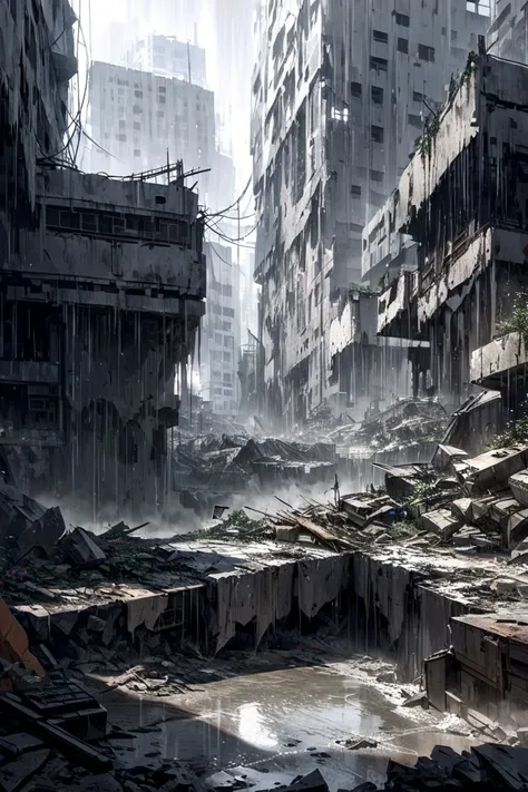 super fine illustration, masterpiece, best quality, destroyed future city, pale white light, endless rain