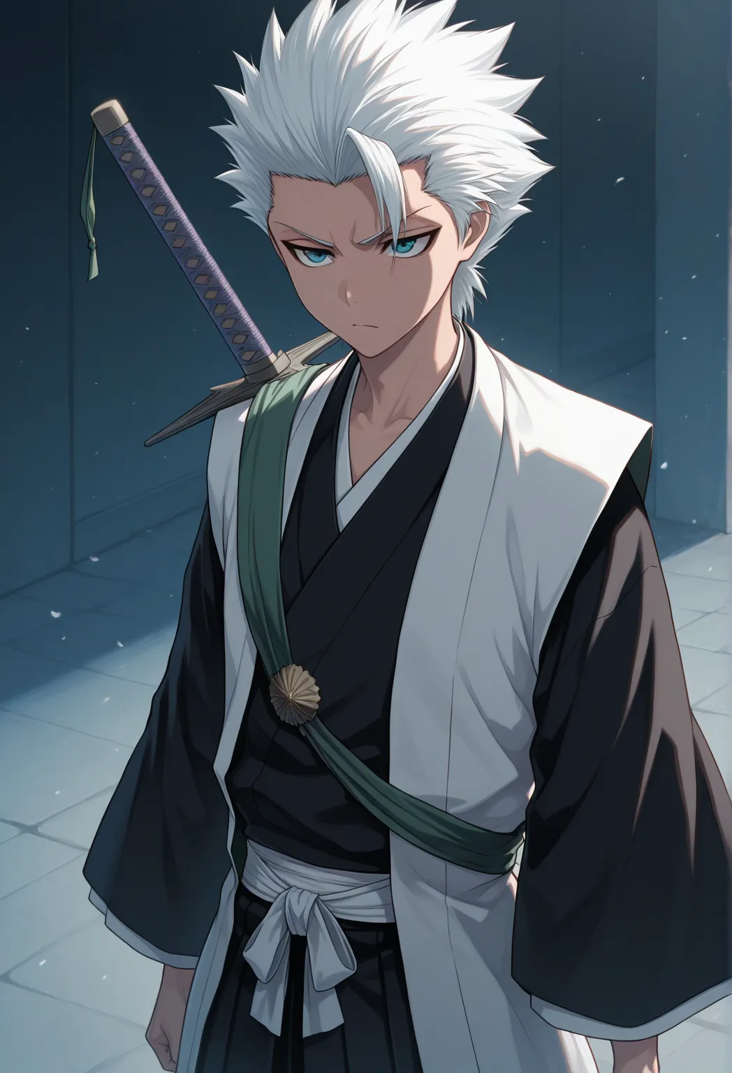 masterpiece, best quality, 
toshihtsu, 1boy, male focus, solo, blue eyes, white hair, short hair, spiked hair, single bang, japanese clothes, kimono, black kimono, long sleeves, wide sleeves, hakama pants, black pants, sash, brooch, haori, white haori, ser...