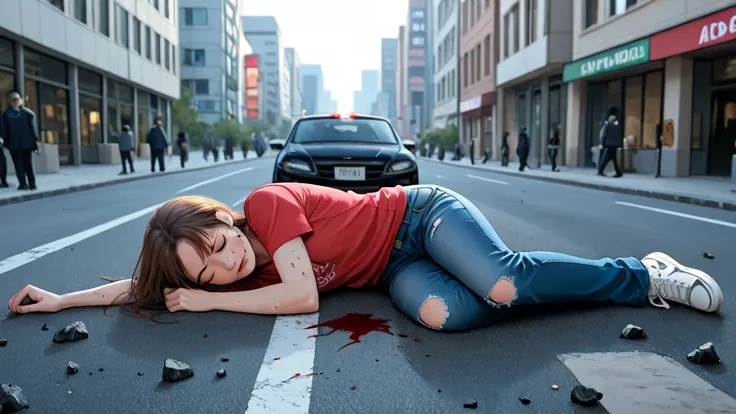 A man gets into a traffic accident、A man bleeds and falls down on the road、22-year-old college student 、The camera shows the entire distance、is lying face down