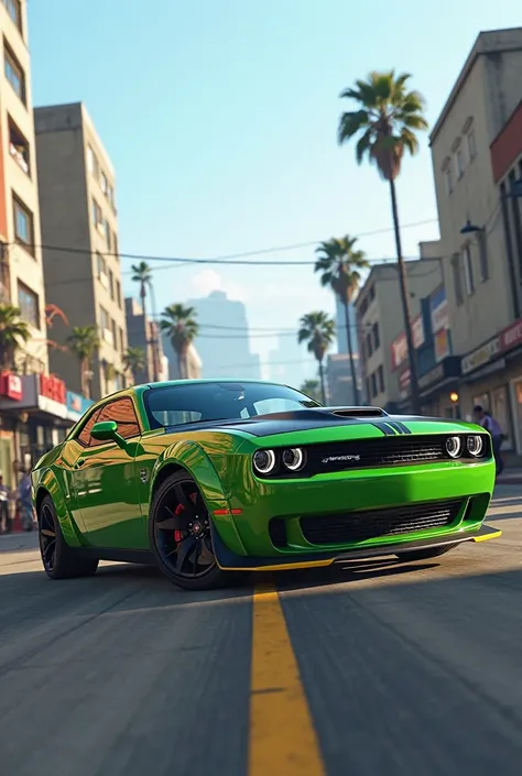 Create a 2022 Dodge Challenger SRT Hellcat redeye in the Cj neighborhood of GTA San Andreas create images as close to reality as possible, Green car .