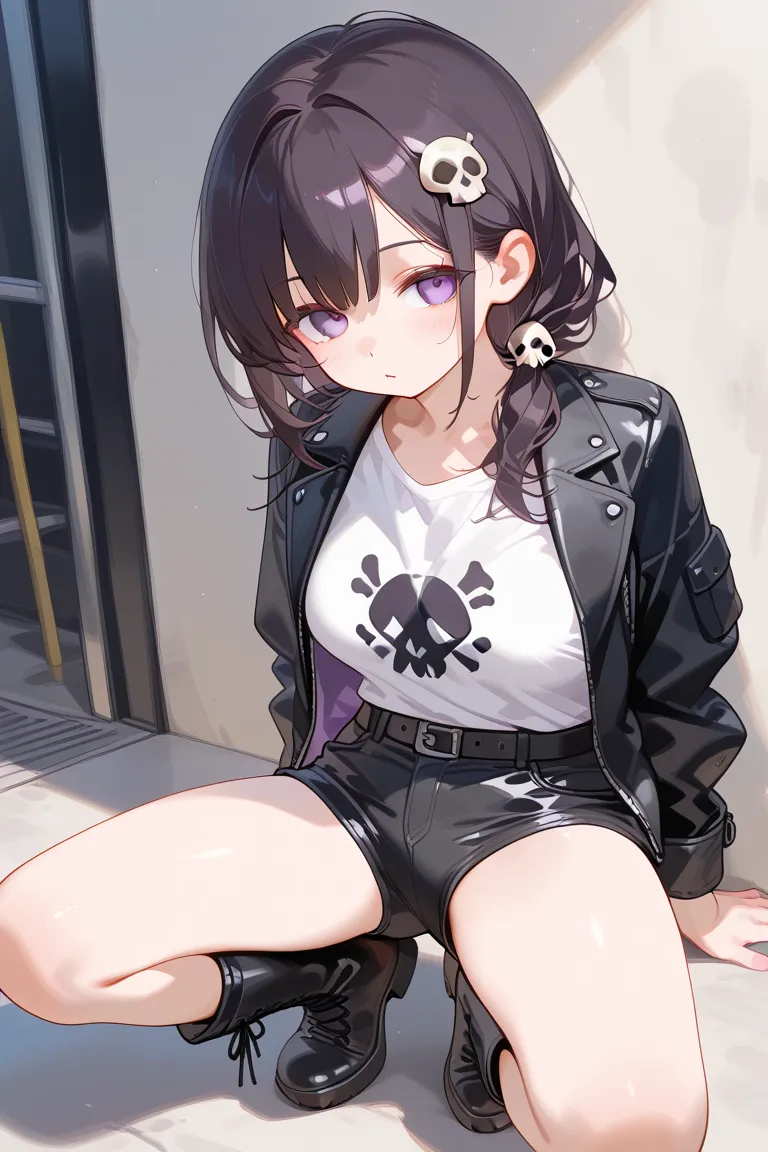  dark hair　 skull hair ornament　black boots　purple eyes　black jacket　white shirt　 black hotpants　mature　