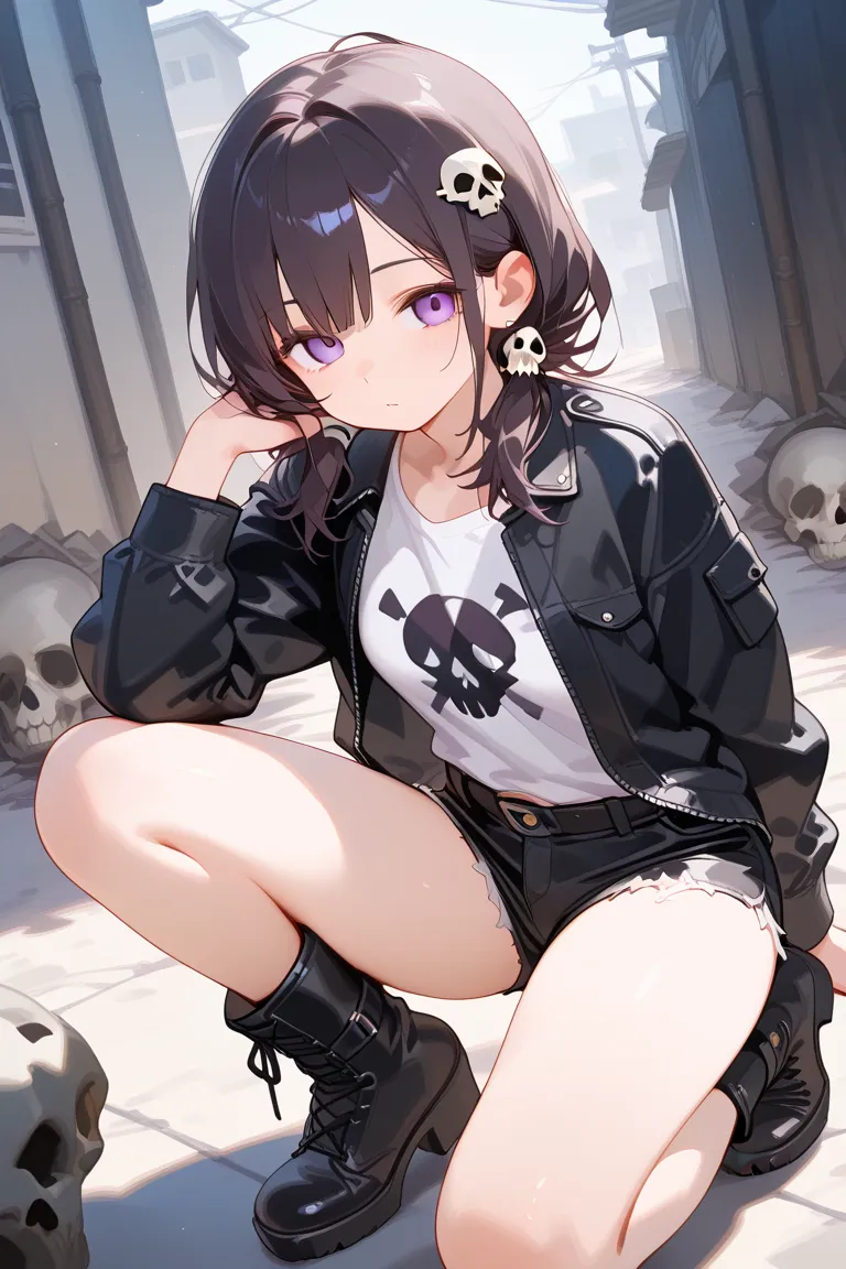  dark hair　 skull hair ornament　black boots　purple eyes　black jacket　white shirt　 black hotpants　mature　