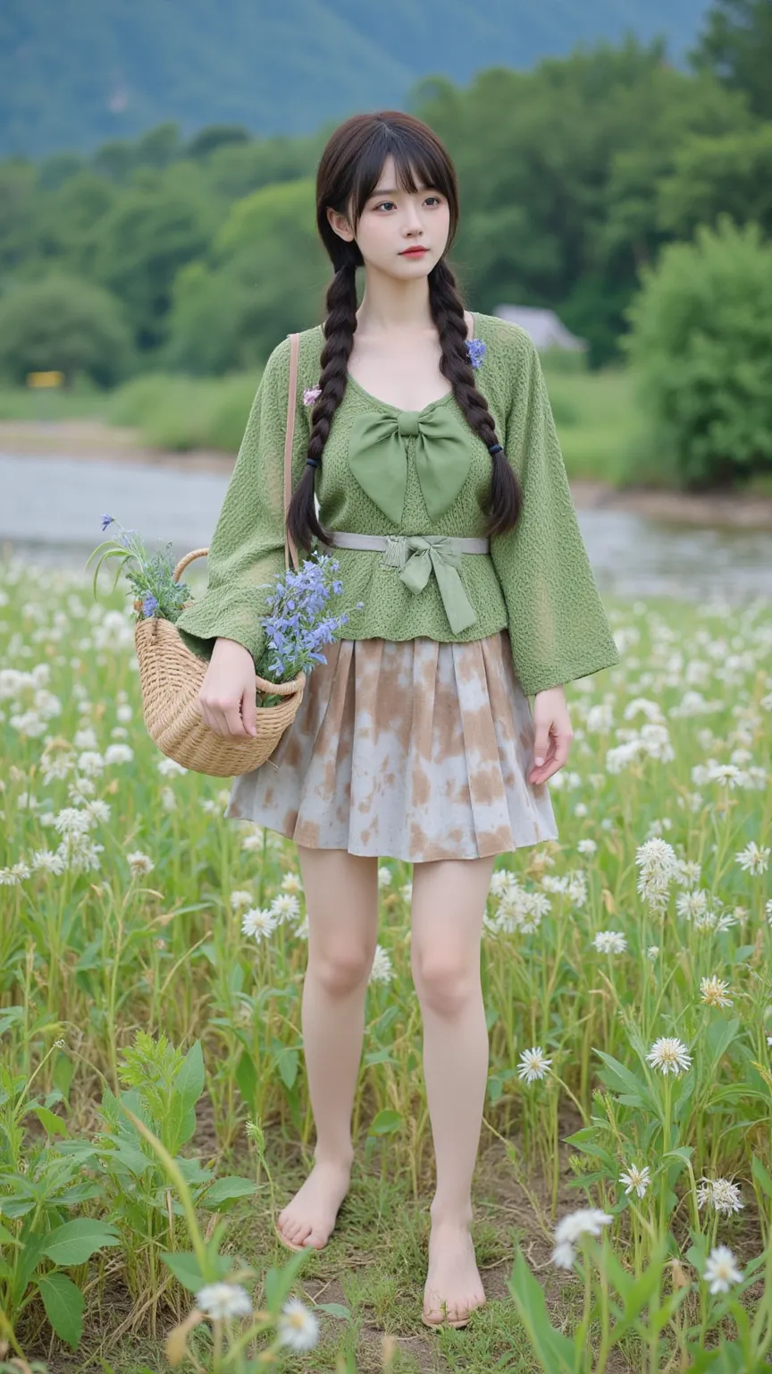  scene：wild pea field on the banks of a mountain stream，She was dressed in green ramie bow tie，outer cover dandelion velvet hand-woven mesh blouse，, and the skirt was soaked with brown spots that were naturally stained with mud。
appearance：braids with blue...