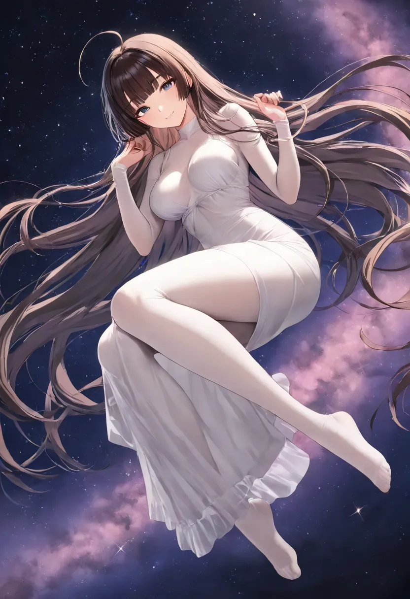 woman in a tight sheer nightgown dress,  looks sexy at viewers, relaxed look, delightful, smiling, absurdly long hair, ahoge, hime cut, full body dress, white bodystocking, in the sky, surrounded by stars, with a starry sky, at midnight, 