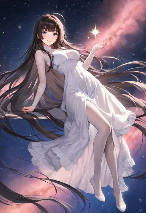 woman in a tight sheer nightgown dress,  looks sexy at viewers, relaxed look, delightful, smiling, absurdly long hair, ahoge, hime cut, full body dress, white bodystocking, in the sky, surrounded by stars, with a starry sky, at midnight, 