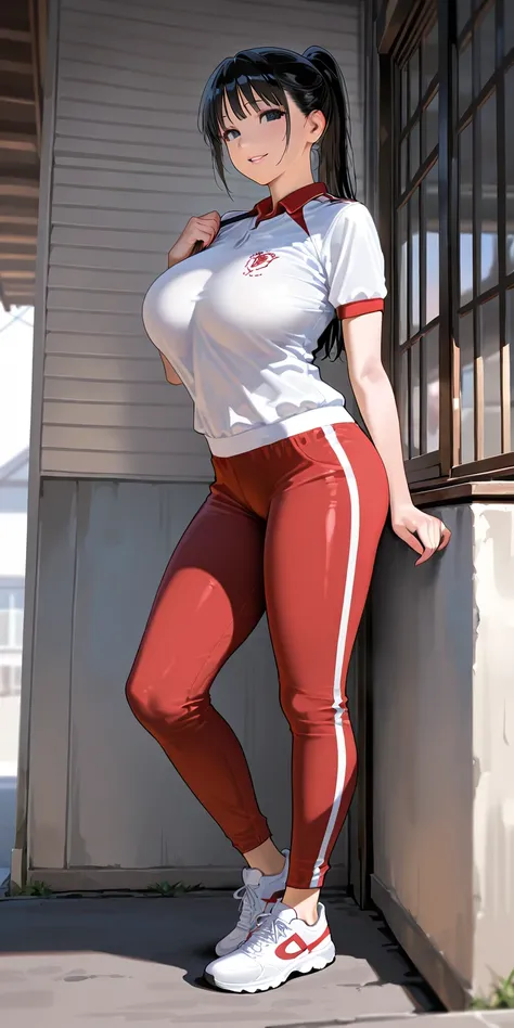 Masterpiece, newest, vibrant, very aesthetic, high contrast, mature woman, hinata hyuga, black eyes, black hair, pony hair, straight hair, high ponytail long hair, white sport uniform, red short pants sport uniform, white sneakers, perfect breast, full bod...