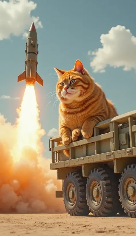 A large, orange tabby cat, positioned in the center-left of the image, is depicted launching a missile.  The cat is  of a  medium build and appears overweight.  It has a calm expression, and is looking towards the missile. The cat is wearing no clothing or...