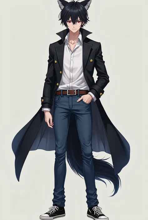 18-year-old  anime boy with wolf ears and tail,  short black hair, red eyes, beautiful, Serious, 1,95m high, black open coat,  white shirt underneath, blue jeans and sneakers .