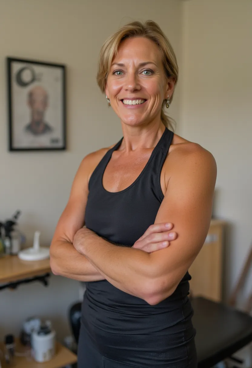 athletic beautiful mid 40s australian female chiropractor wearing tank top  in clinic. thick upper arms. smiling. photograph