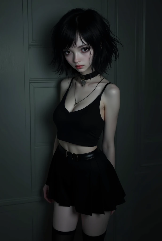 Give me the image of an emo girl with short hair, Attractive to have a skirt,socks ,a black top