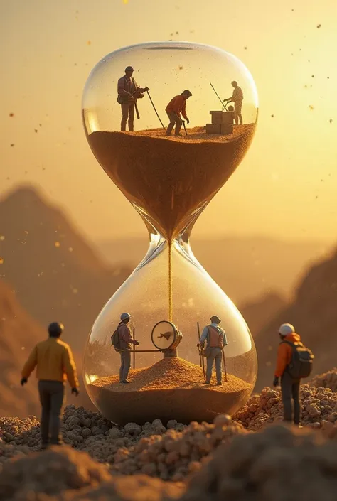 A golden hour glass with people working in it
