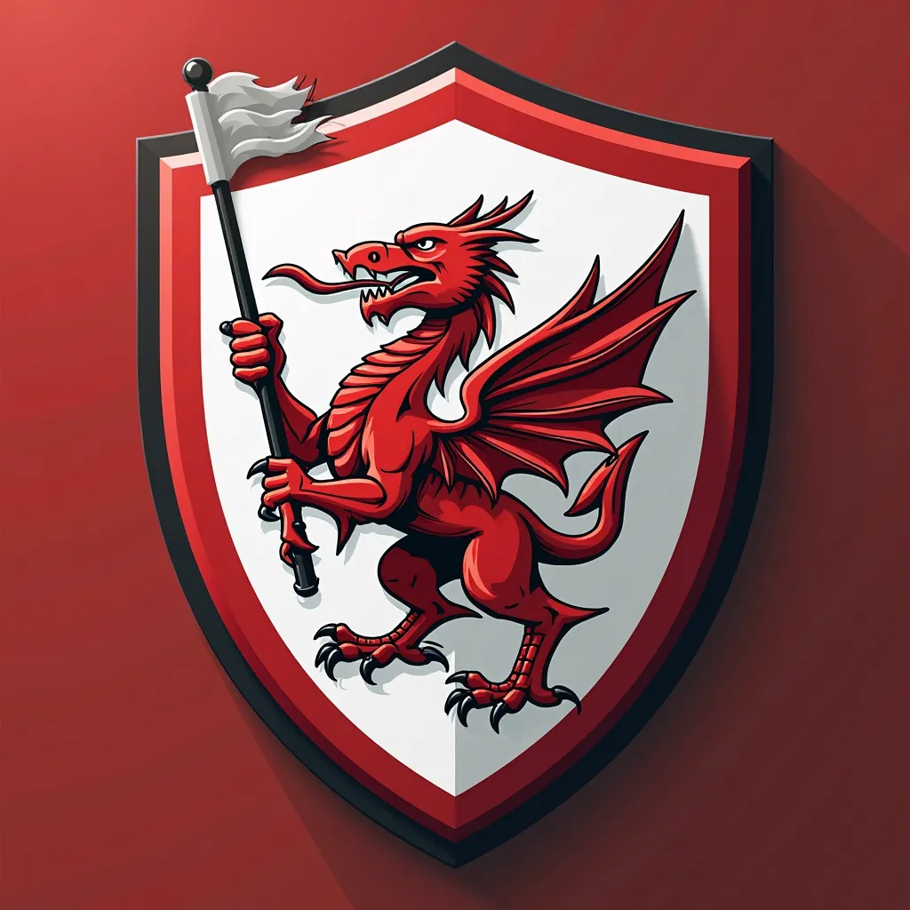 Create me an English-style soccer shield that is red and white and in the middle of the shield has a Welsh dragon clutching a white flag and the name of the club that is called... BRECON CITY