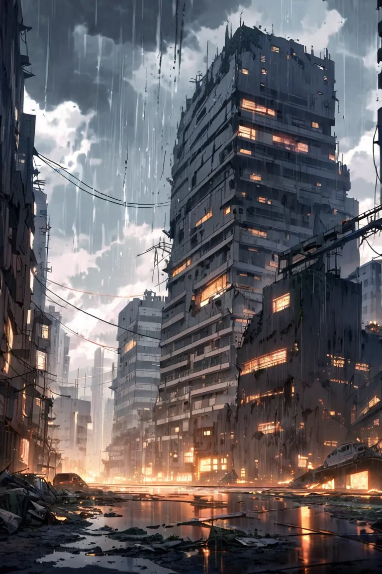 super fine illustration, masterpiece, best quality, destroyed future city, pale white light, clouds hiding the sky, endless rain