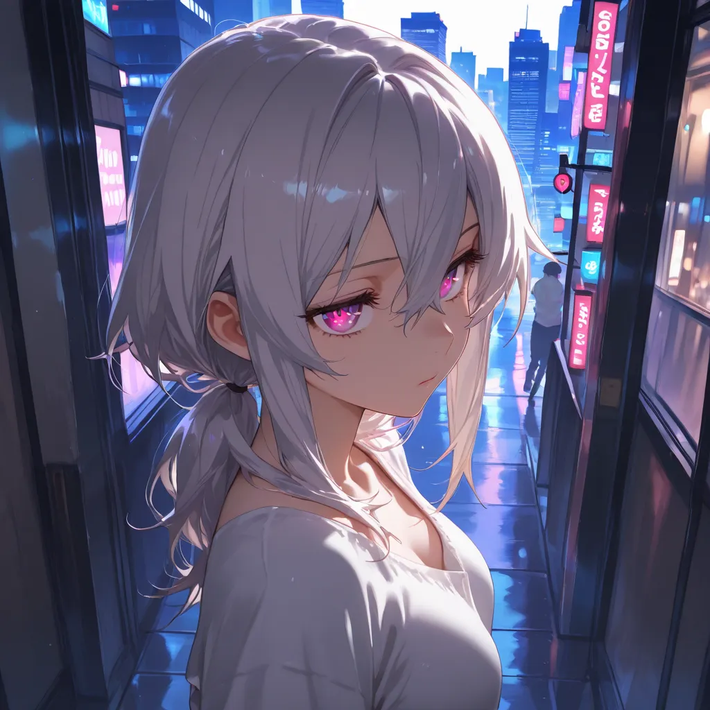 masterpiece, best quality, high resolution, anime, 1 girl, hair between eyes, city