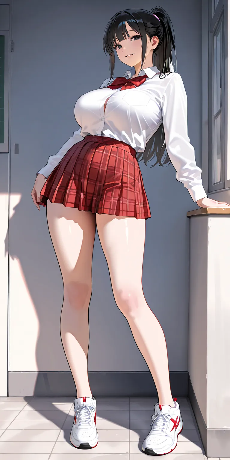 Masterpiece, newest, vibrant, very aesthetic, high contrast, mature woman, hinata hyuga, black eyes, black hair, pony hair, straight hair, high ponytail long hair, white school uniform, red pleated mini skirt checkered pattern, white sneakers, perfect brea...