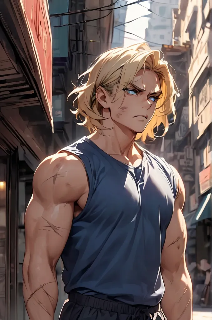 a muscular blond man with square jaw. He has blue eyes and clean cut dirty blonde hair, scars on his body, and intimidating presence. He has a stoic expression and city street setting. He wears a blue shirt and dark pants.