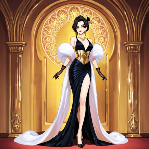 A striking, elegant woman with an air of arrogance and mastery in manipulation, standing confidently in a luxurious Art Deco-inspired casino. She wears a long, form-fitting, layered and complex velvet gown inspired by 1920s dresses, adorned with intricate ...