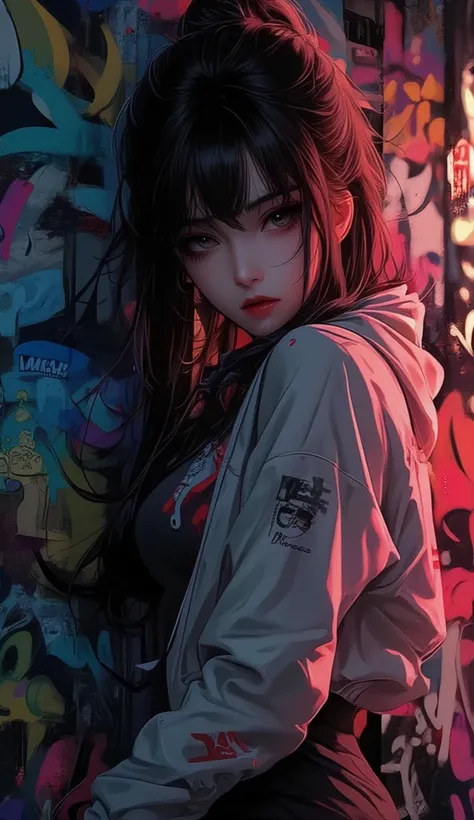 ((masterpiece)), ((Highest quality)), ((Very detailed composition)), ((Very detailed texture)), ((4K, 8k))beautiful girl, with hoodie posing charmingly facing the camera, aesthetic Graffiti background