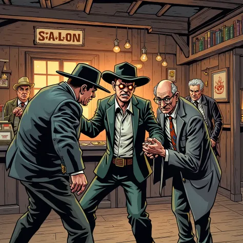 Create an image of the interior of a large old west saloon with some bandits with fiery eyes and desperate gestures vying for control of a cash register, while one of them struggles with another man in a suit. There is another middle-aged man with a worrie...