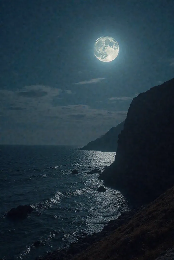 I want a real image of a beautiful place. I want the image to have the sea. I want it to have a high side to see the horizon. I want a beautiful moon on the horizon. I want the image to be cinematic. It's very dark