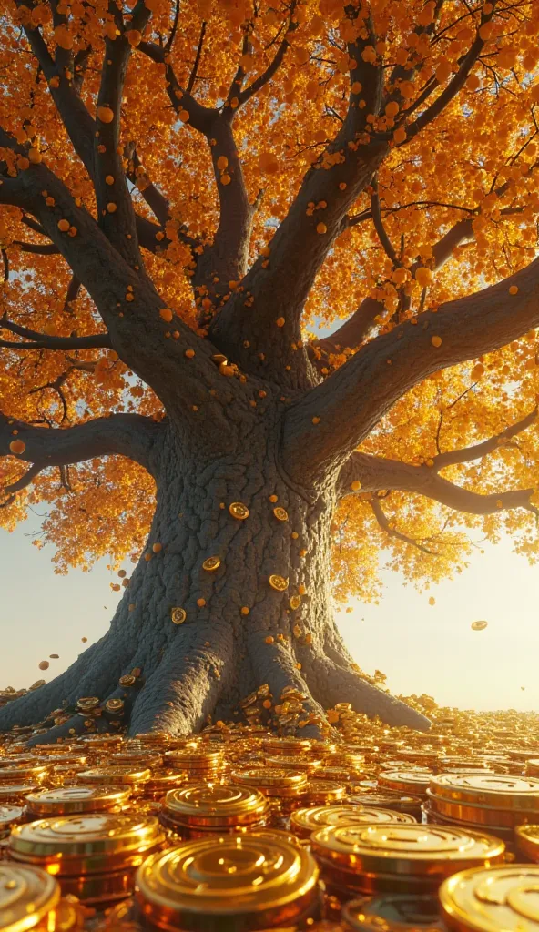 A massive tree with thick, sturdy branches, covered in countless shimmering Bitcoin coins as fruit. The golden Bitcoin coins hang heavily from the branches, reflecting sunlight. The ground beneath the tree is completely covered with a thick layer of fallen...