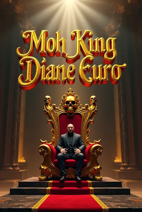 Elegant 3D typography with the name " MOH KING DIANE EURO" Above the throne with a golden skull in a golden throne and small skulls on both sides of the throne.