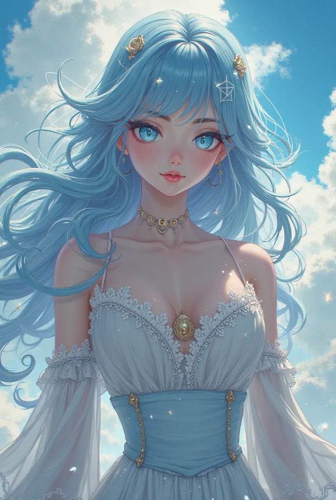 Rude Anime Goddess Woman, high, with sky blue eyes, LONG EYELASHES, Thin eyes, long light blue hair with ripples and a Victorian dress