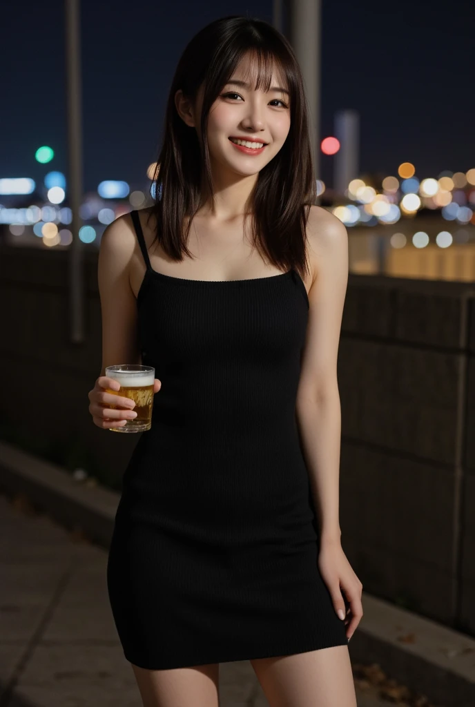  Japanese Female　 has bangs　long hair on black　 well-styled 　beautiful big breasts、Black knit dress、Full body outside　night、beer selfie、smile、night

