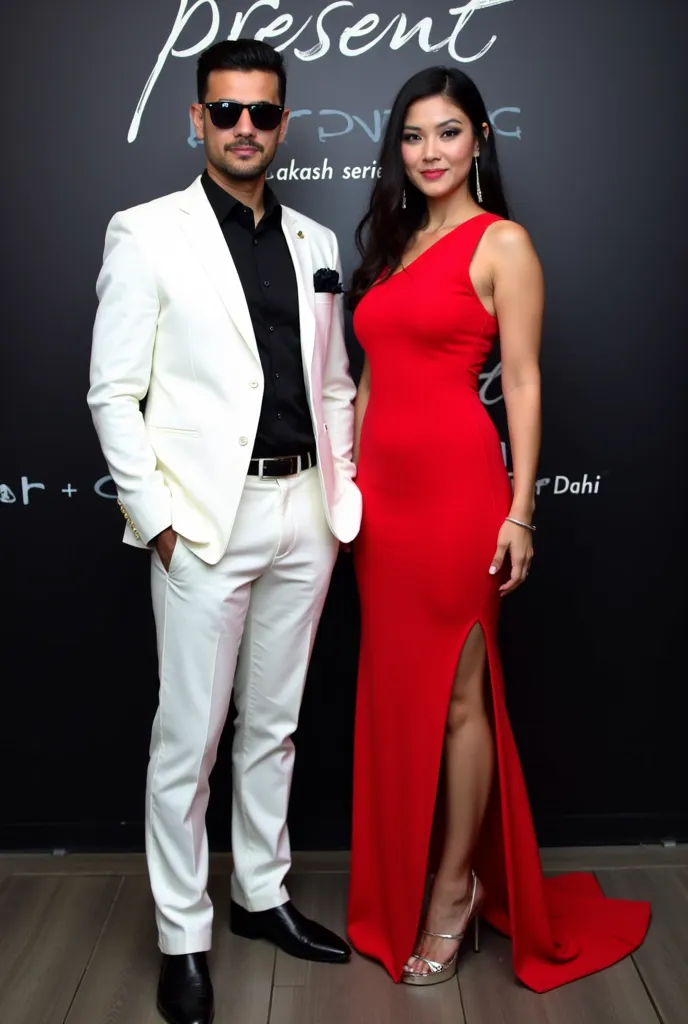 The image shows two individuals standing side by side, with a backdrop that includes text in English. The person on the left is wearing a white suit with a black shirt underneath, and they are also wearing sunglasses. The person on the right is dressed in ...