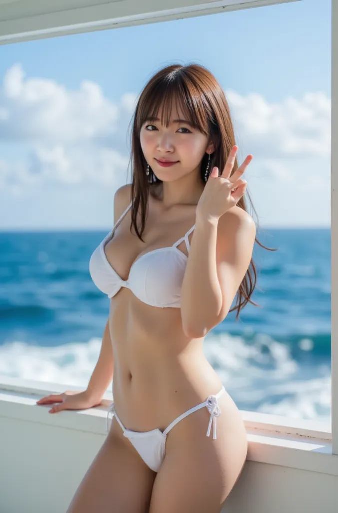 (8k、   RAW photo 、  Top Quality 、masterpiece:1.2)、(   realistic、   realistic)、   1 girl、(white lingerie bikini 、   string bikini  、   Exposed Muscles、full body、  High Heels 、With bangs、  brown hair、  front view、   The camera 、   above the cruise  ))、   cut...