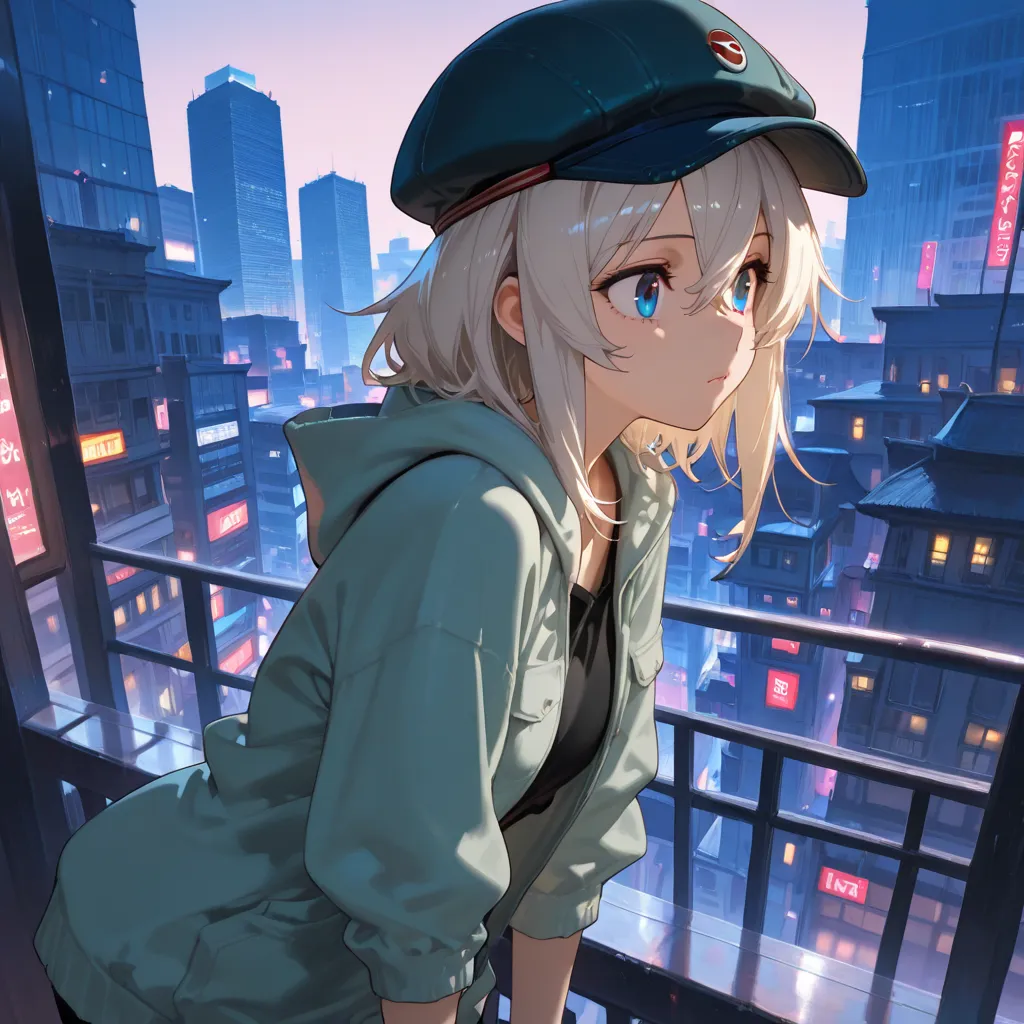 masterpiece, best quality, high resolution, anime, 1 girl, hair between eyes, cap, city