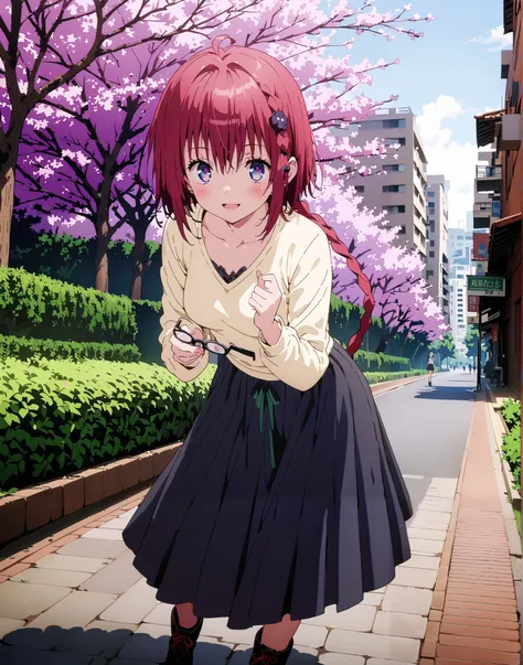 Kurosaki's thing , Alone,stupid hair, blue eyes, knitting glasses, hair intake, sngle braid,HAIR ACCESSORY, red hair, hair knitting glasses, smile,blush,open your mouth,Medium breast, oversized v neck sweater long sleeve,long skirt,short boots, bench,Beaut...