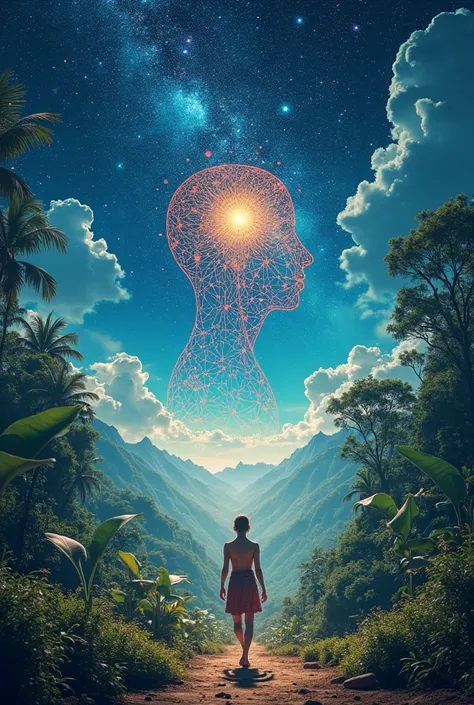 Landscape with a human profile design and abstract elements on the theme of spirituality,  science , creativity and the mind walking on a digital metaverse landscape with Amazon rainforest, Lianas de Ayahuasca,  blue sky and stars in the background.