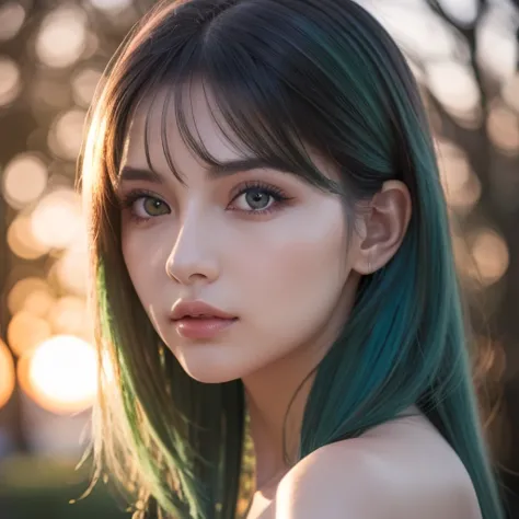  best quality , Masterpiece,  super high resolution, ( realism: 1.4),   Original Pictures ,  1 girl,  green eyes,  off shoulder,  Cinematic Lighting,   blue hair , At sunset