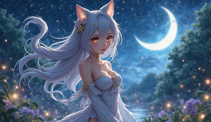 Anime woman in a cat custom outside at night. 