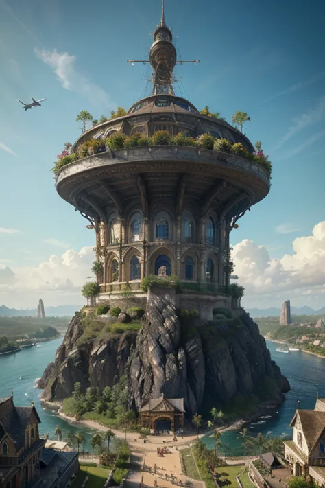 Many islands are suspended in the air with many small airships flying around, cities, fantasy, magical plants growing, extreme details, realistic light, epic composition, (complex details), (complex design, ultra-details :1.2), Art Station, (Masterpiece, B...