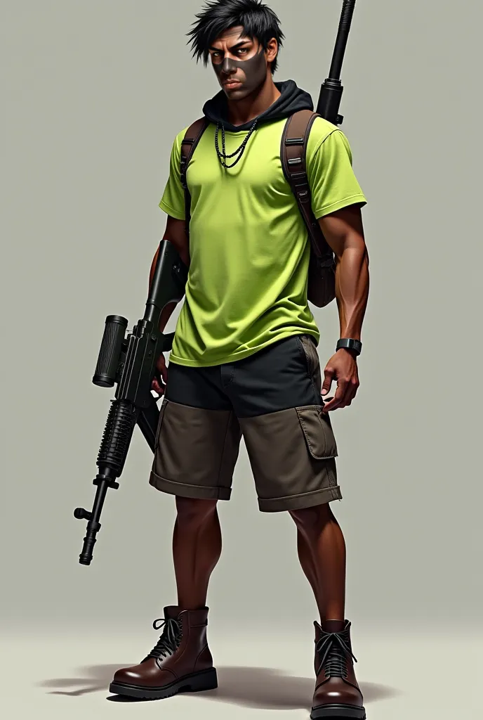 Machete is a dark-skinned nigga shinobi man with a M16A3. His hair is black, with subtle brown highlights. His eyes are brown, As her usual attire, black hood,he wears a lime green t-shirt paired with a two-tone bermuda short , complementing his outfit wit...