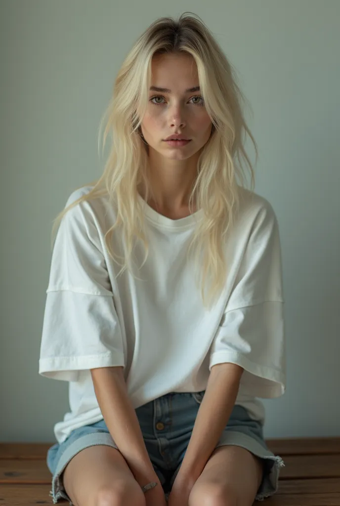 feminine male looking at the viewer with long blonde hair and black eyes sitting on a bench wearing a oversized t-shirt with shorts