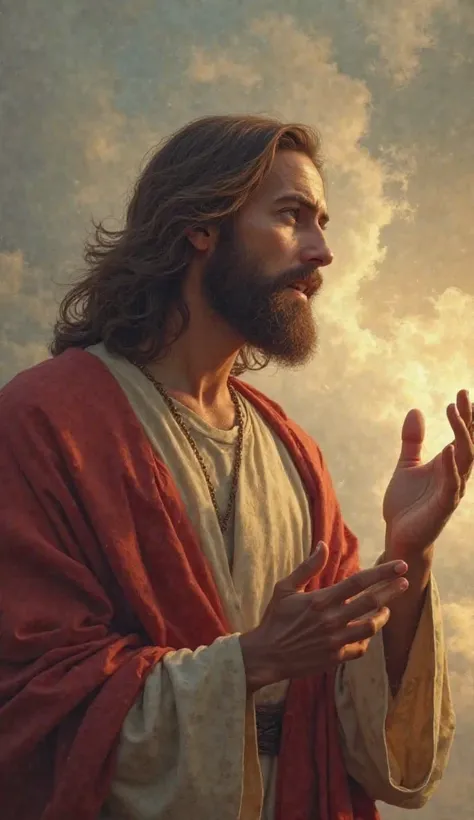 portrait of Jesus speaking to someone in distress,Detailed face,expression of concern,reassuring gestures,Figure standing,soft lighting, blurred background, cloudy sky ,cinematic effect,oil painting style,4k,hdr,vivid colors,warm tones