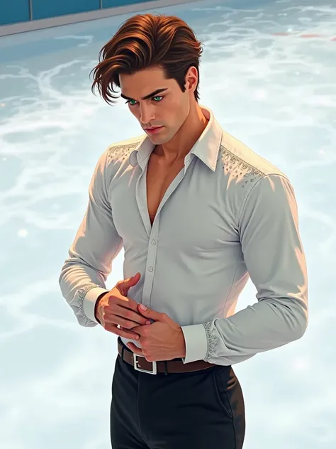  illustration of a confident male figure skater who resembles Damon Salvatore, with short brown hair and striking green eyes. He wears a sleek white shirt adorned with subtle sparkling details and black fitted pants, exuding elegance and sophistication. Hi...