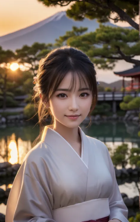  woman in kimono,Japanese garden with pond,Mt. Fuji in the background,Standing around a pond