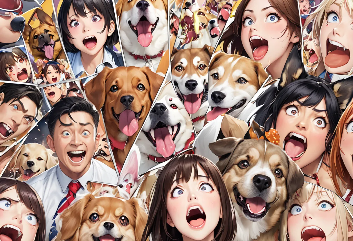 a close up of a poster with many various types of dog  scream, smile、dog、 everyone,, close-up!!!!!!,  ahegao, Imaginative!!,  scream. Not realistic,  realistic pictures ]!!たくさんの種類のdogが笑っている