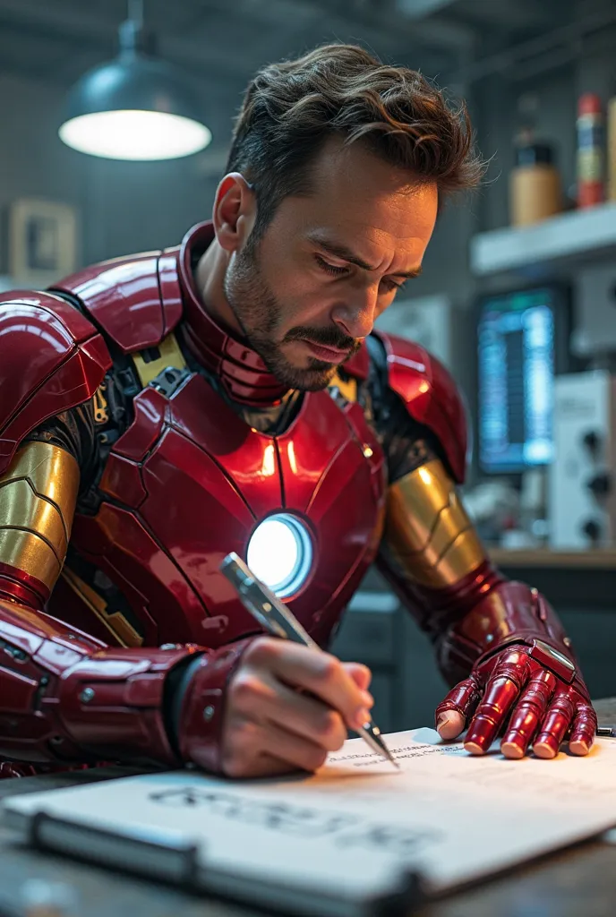 Create an image of Iron Man in his workshop, wearing his suit but without a helmet, while handwriting on a piece of paper with a futuristic pen