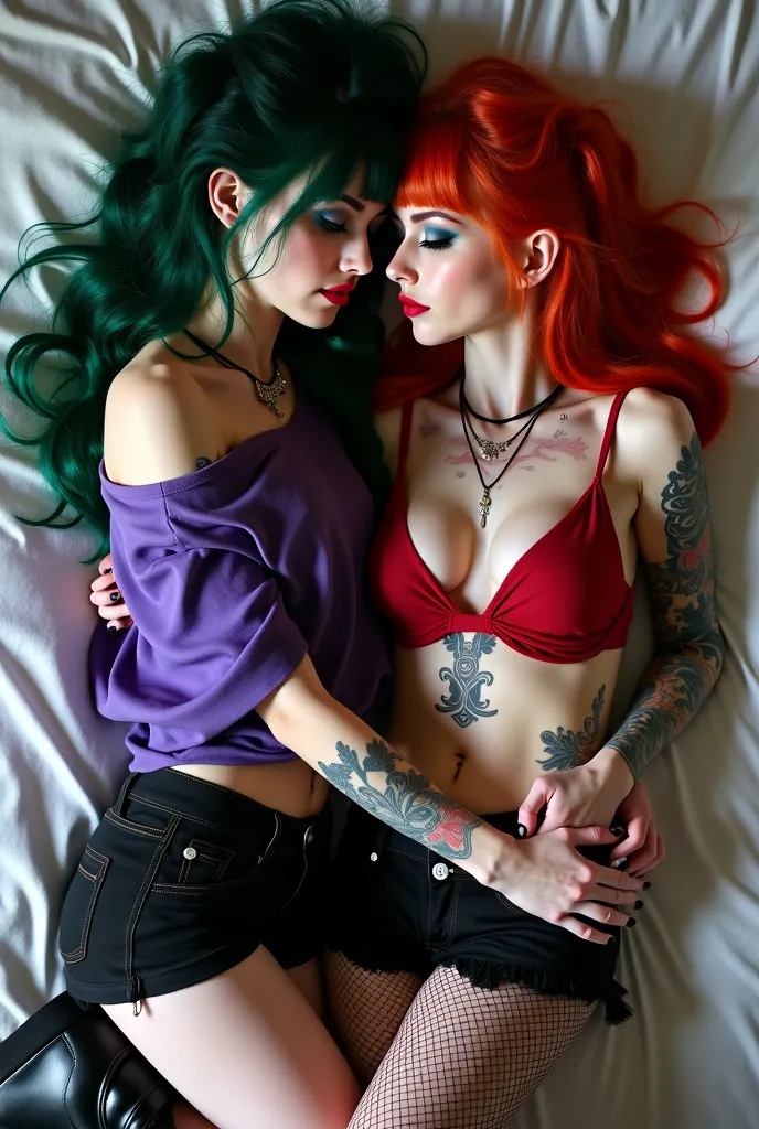 Romantic goth, realism, 35 mm lens, full body, female, soft expression, tattoos and piercings, blue eyes, dark makeup, long green and black split dyed hair, bangs, oversized purple cropped off the shoulder t-shirt, adorned with fishnet stockings and black ...