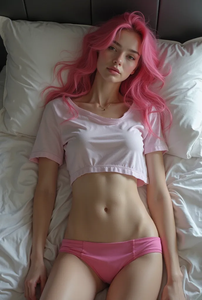 Woman with pink hair and half-loose t-shirt lying on the bed on her back and showing her panties 