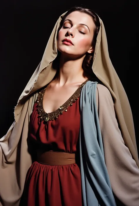 (masterpiece:1.2, highest quality),8k,wallpaper,(Vivien Leigh as Virgin Mary, reddish beige tunic, blueish beige cloak, beige veil), (((full body))), closing eyes, opening mouth a little, blushing face, feeling ecstasy